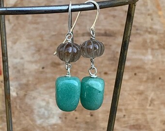 Aventurine and Smokey Quartz Tiered Retro Short Dangle Earrings