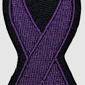 May include: Embroidered purple awareness ribbon patch with a black border. The ribbon is a symbol of support for various causes. The patch is designed with a textured, stitched appearance, suitable for sewing or ironing onto fabric.