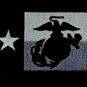 May include: A black and white patch with a single white star in the upper left corner and a silhouette of the Marine Corps emblem in the lower right corner. The emblem is a globe with an eagle perched on top and a ribbon wrapped around the globe.