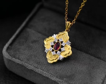 Lucky Four-Leaf Clover Garnet Pendant in 18K Gold over Sterling Silver — Italian Hand-Carved Jewelry