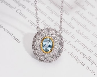 Natural Blue Topaz Sunburst Pendant Necklace, Italian Hand Engraved 18K Gold Vermeil