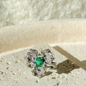 Natural Emerald Ring 925 Sterling Silver | 18K Gold Vermeil Adjustable Ring | May Birthstone Floral Jewelry | Dainty Emerald Zircon Ring