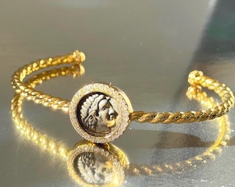 Ancient Hercules Coin Cable Cuff Bracelet, Roman Coin Bracelet, Double Sided Ancient Coin Jewelry, Twisted Rope Cuff, Mythology Gift