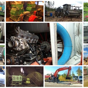 May include: A collage of images showcasing various industrial machinery and equipment. The images include a large red and black machine, a blue and white fan, a yellow and red machine, a green and black machine, and a black engine.