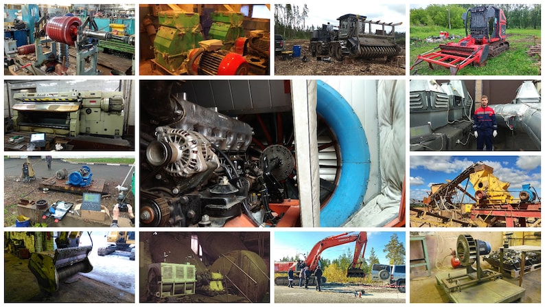 May include: A collage of images showcasing various industrial machinery and equipment. The images include a large red and black machine, a blue and white fan, a yellow and red machine, a green and black machine, and a black engine.