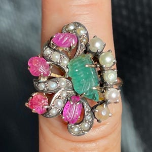 Antique 10k Gold and Silver Ring Sapphire Ruby Pearl Size 6.5