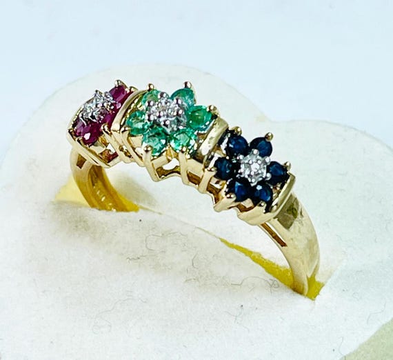 10k Solid Gold Ring, Ruby Sapphire Emerald Diamon… - image 5
