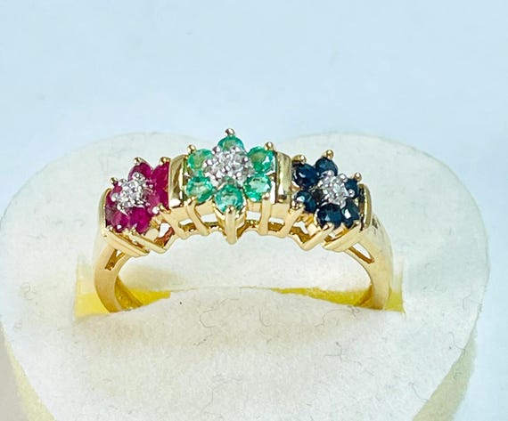 10k Solid Gold Ring, Ruby Sapphire Emerald Diamon… - image 3