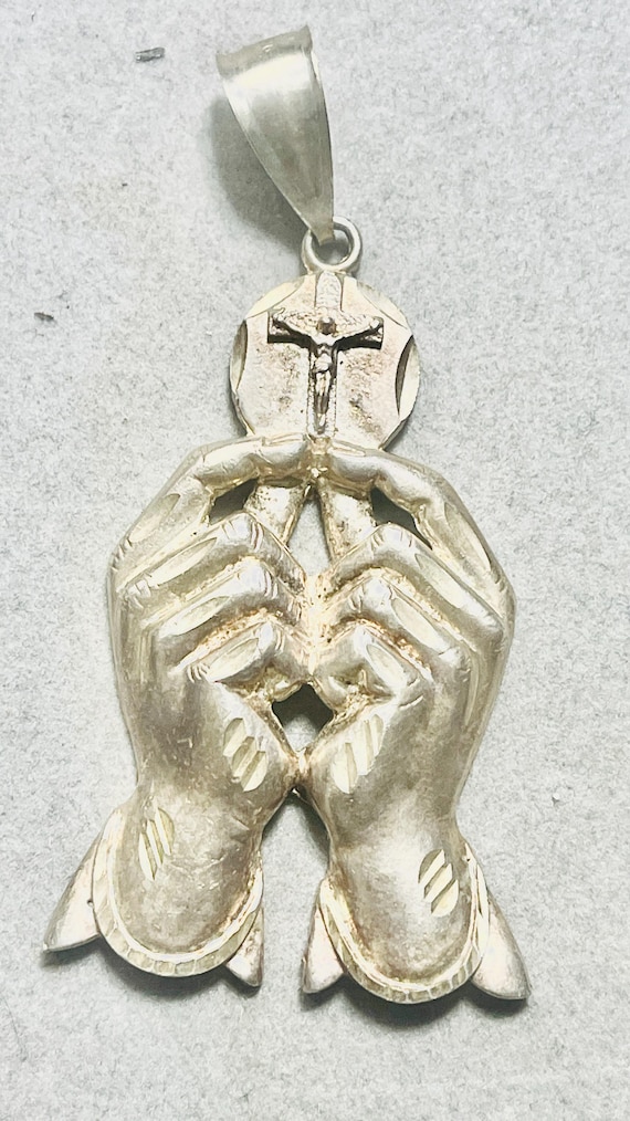 Solid Silver Praying Hands Holding Cross Pendant … - image 1