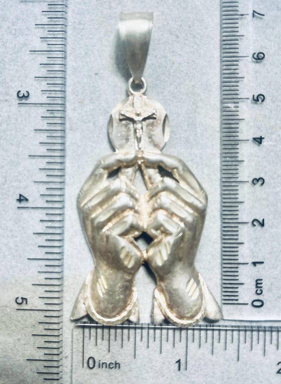 Solid Silver Praying Hands Holding Cross Pendant … - image 2