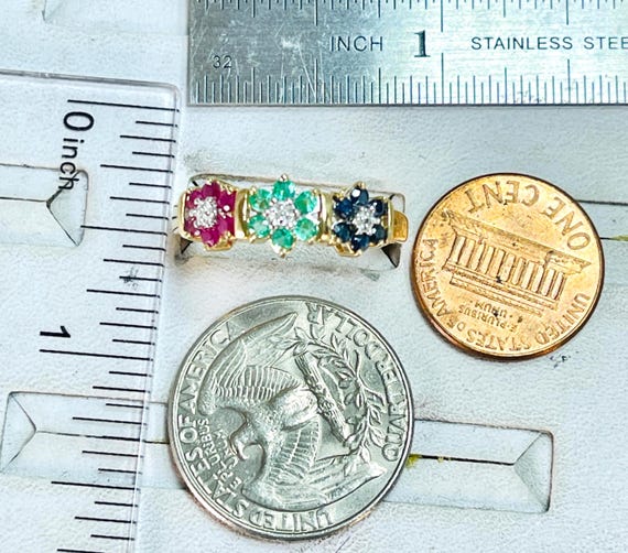 10k Solid Gold Ring, Ruby Sapphire Emerald Diamon… - image 8