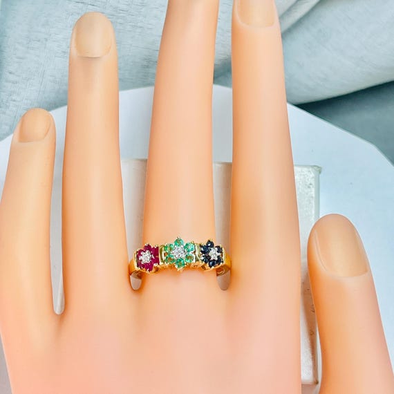 10k Solid Gold Ring, Ruby Sapphire Emerald Diamon… - image 2