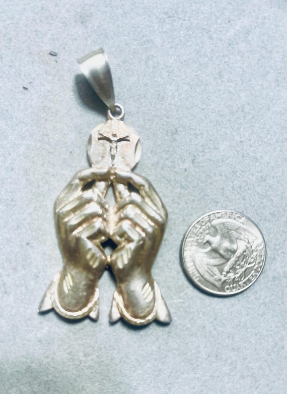 Solid Silver Praying Hands Holding Cross Pendant … - image 3