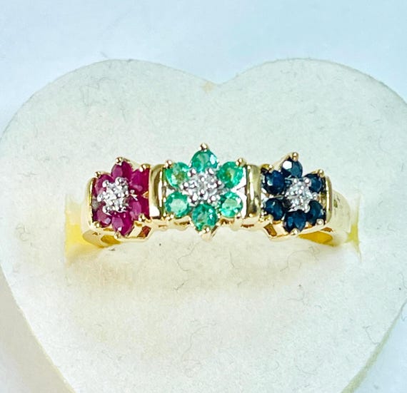 10k Solid Gold Ring, Ruby Sapphire Emerald Diamon… - image 4