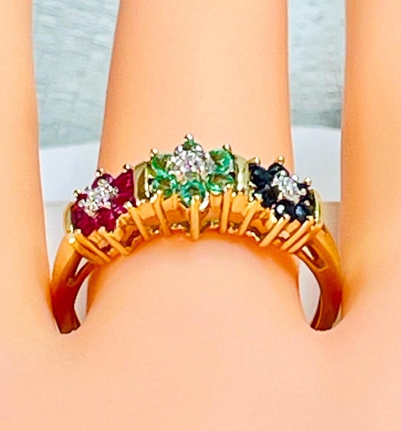 10k Solid Gold Ring, Ruby Sapphire Emerald Diamon… - image 1