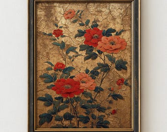 Lacquer Bloom Floral Art Print – Vintage Japanese Decorative Wall Poster with Rustic Elegance