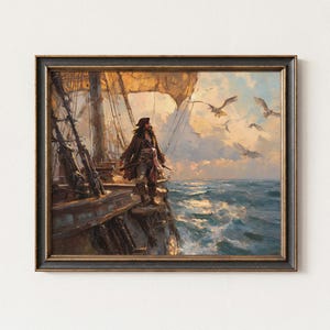 Pirate Captain at Dawn Digital Oil Painting, Nautical Ghost Ship Ocean Decor (Digital Download)
