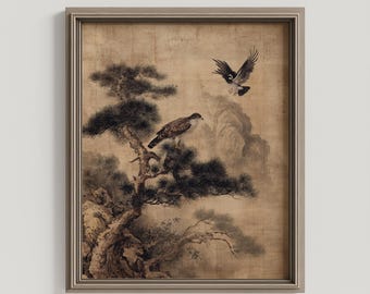 Korean Hawk and Magpie Print: Vintage Ink Brush Wall Art (Digital Download)