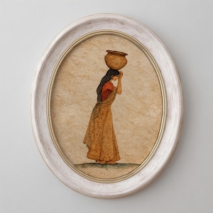 Rustic Indian Village Wall Art – Minimalist Water Pot Carrier on Aged Handmade Paper Texture