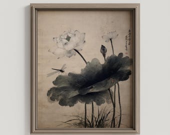 Lotus Dragonfly Ink Art Print: Minimalist Chinese Scroll (Digital Download