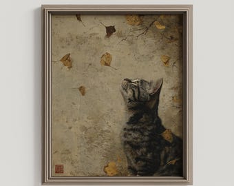 Autumn Cat Art Print: Antique Asian Style Painting (Digital Download)