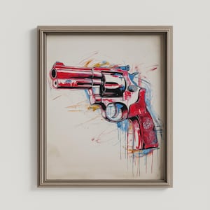 Bold Pop Art Revolver Screenprint Wall Art with Vibrant Colors on Clean White Canvas