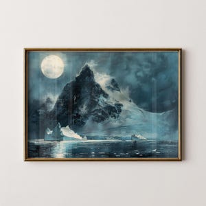 Vintage Antarctica Seascape Print: Moonlit Iceberg on Linen (Digital Download