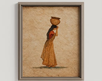 Rustic Indian Village Wall Art – Minimalist Water Pot Carrier on Aged Handmade Paper Texture