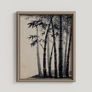 Monochrome Bamboo Grove Wall Art – Modern Literati Ink Painting on Vintage Rice Paper