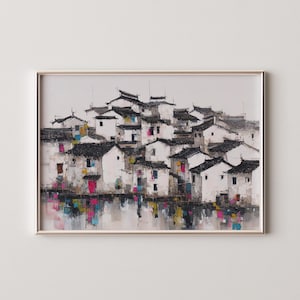 Arte mural imprimible de la ciudad acuática clásica de Jiangnan, paisaje abstracto en tinta, elegante decoración oriental para pared.