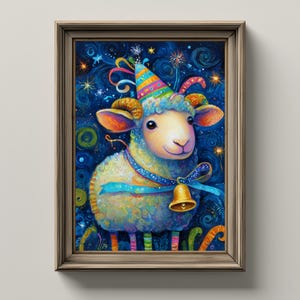 Whimsical Sheep Acrylic Illustration: Starry Night Nursery Art (Digital Download)