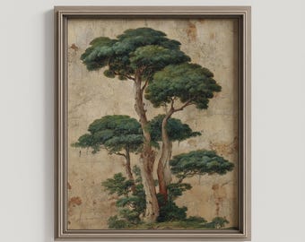Könnte beinhalten: Gerahmter Kunstdruck mit einer detaillierten Illustration eines Baumes mit üppigem grünem Laub und einem strukturierten, beigefarbenen Hintergrund. Das Kunstwerk ist in einem neutralen Holzrahmen eingefasst, ideal für die Inneneinrichtung.