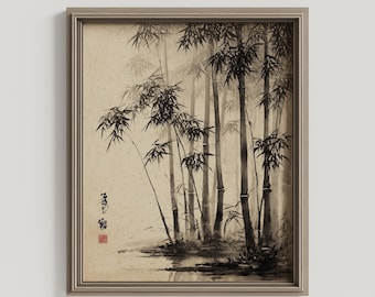 May include: Framed artwork featuring a black and white ink wash painting of bamboo stalks. The artwork has a beige background and a gray frame. The painting includes Japanese characters and a red seal.