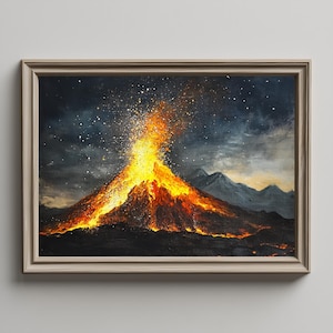 Vintage Fuego Vulkan Nacht Ebruch Poster, Guatemala Leinen Textur Wandkunst, Sternenhimmel Vulkan Poster im Expeditions-Stil