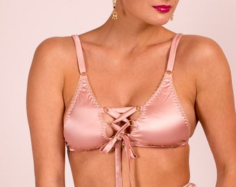 Astrild: Silk Soft Cup Bra or Padded Bra with a Lace-up Detail.