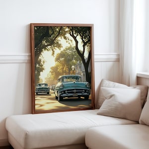 Poster inspiré de Robert Bechtle - sérénité de la banlieue - impression photoréalisme de voitures anciennes - scène de quartier réaliste - photoréalisme moderne