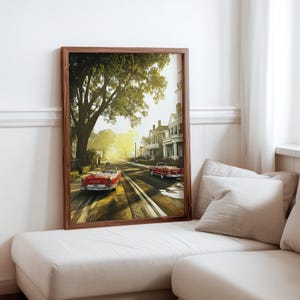 Poster inspiré de Robert Bechtle - sérénité de la banlieue - impression photoréalisme de voitures anciennes - scène de quartier réaliste - photoréalisme moderne