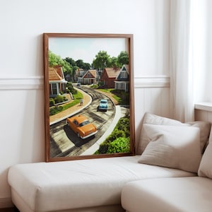 May include: A vintage-style illustration of a suburban neighborhood with houses and trees. Two cars are driving down a curved road. The car in the foreground is orange and the car in the background is blue.