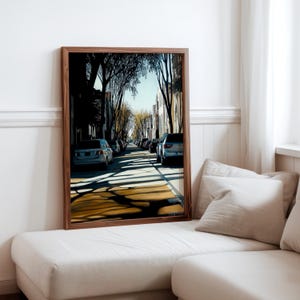 Poster inspiré de Robert Bechtle - sérénité de la banlieue - impression photoréalisme de voitures anciennes - scène de quartier réaliste - photoréalisme moderne