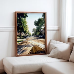 Poster inspiré de Robert Bechtle - sérénité de la banlieue - impression photoréalisme de voitures anciennes - scène de quartier réaliste - photoréalisme moderne