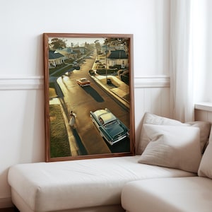 Poster inspiré de Robert Bechtle - sérénité de la banlieue - impression photoréalisme de voitures anciennes - scène de quartier réaliste - photoréalisme moderne