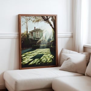 Poster inspiré de Robert Bechtle - sérénité de la banlieue - impression photoréalisme de voitures anciennes - scène de quartier réaliste - photoréalisme moderne