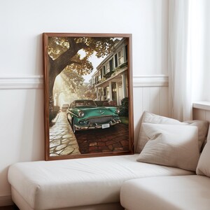 Poster inspiré de Robert Bechtle - sérénité de la banlieue - impression photoréalisme de voitures anciennes - scène de quartier réaliste - photoréalisme moderne