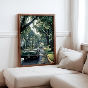 Poster inspiré de Robert Bechtle - sérénité de la banlieue - impression photoréalisme de voitures anciennes - scène de quartier réaliste - photoréalisme moderne