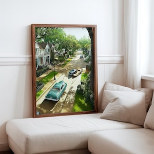 Poster inspiré de Robert Bechtle - sérénité de la banlieue - impression photoréalisme de voitures anciennes - scène de quartier réaliste - photoréalisme moderne