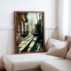 Poster inspiré de Robert Bechtle - sérénité de la banlieue - impression photoréalisme de voitures anciennes - scène de quartier réaliste - photoréalisme moderne