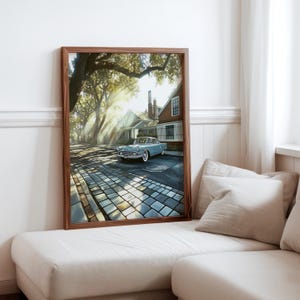 Poster inspiré de Robert Bechtle - sérénité de la banlieue - impression photoréalisme de voitures anciennes - scène de quartier réaliste - photoréalisme moderne
