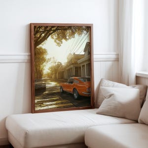 Poster inspiré de Robert Bechtle - sérénité de la banlieue - impression photoréalisme de voitures anciennes - scène de quartier réaliste - photoréalisme moderne