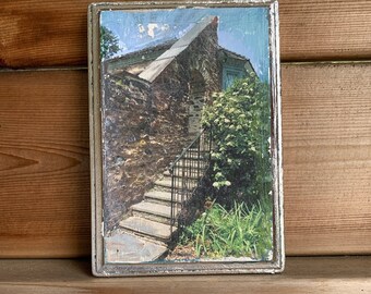 Cottage, Steps, Gate House, Stone, Flowers, Green, Blue, Arched, Door, Unique, Affordable, Art, Small, 5 x 7, Wood, Panel, Silver Leaf