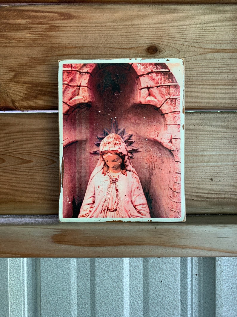 Virgin Mary, Madonna, Statue, 6 x 8, Original, Art, Mixed Media, Miniature, Photography, Upcycled, Wood, Peach, Stained image 1